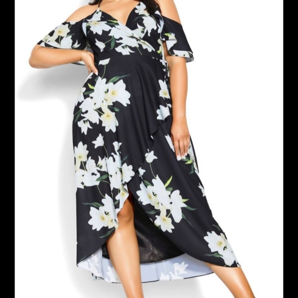 City Chic Black Elegant Floral Wrap Maxi Dress Sz.M(18) NWT